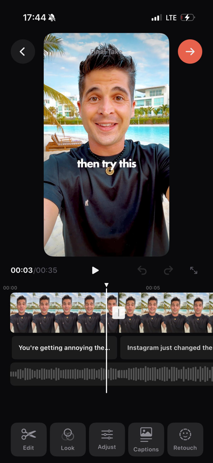 Editor screen with captions and timeline